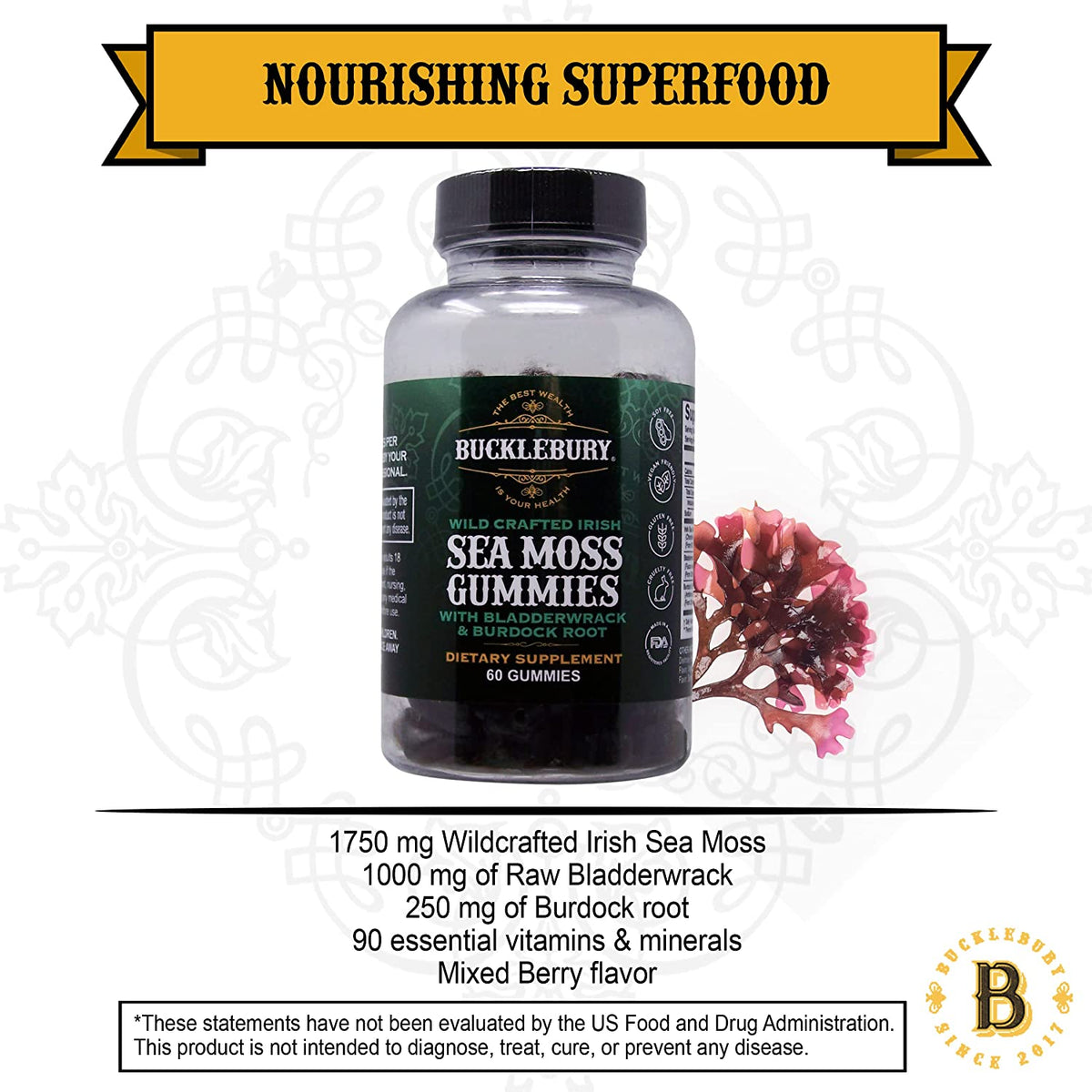 Wild Crafted Irish Sea Moss Gummies with Bladderwrack &amp; Burdock Root - Chewable Natural Multivitamin Vegan Gummies for Immune, Thyroid, Digestive, and Gut Support - 60 Gummies