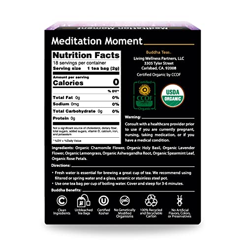 Buddha Teas Organic Meditation Moment - OU Kosher, USDA Organic, CCOF Organic, 18 Bleach-Free Tea Bags