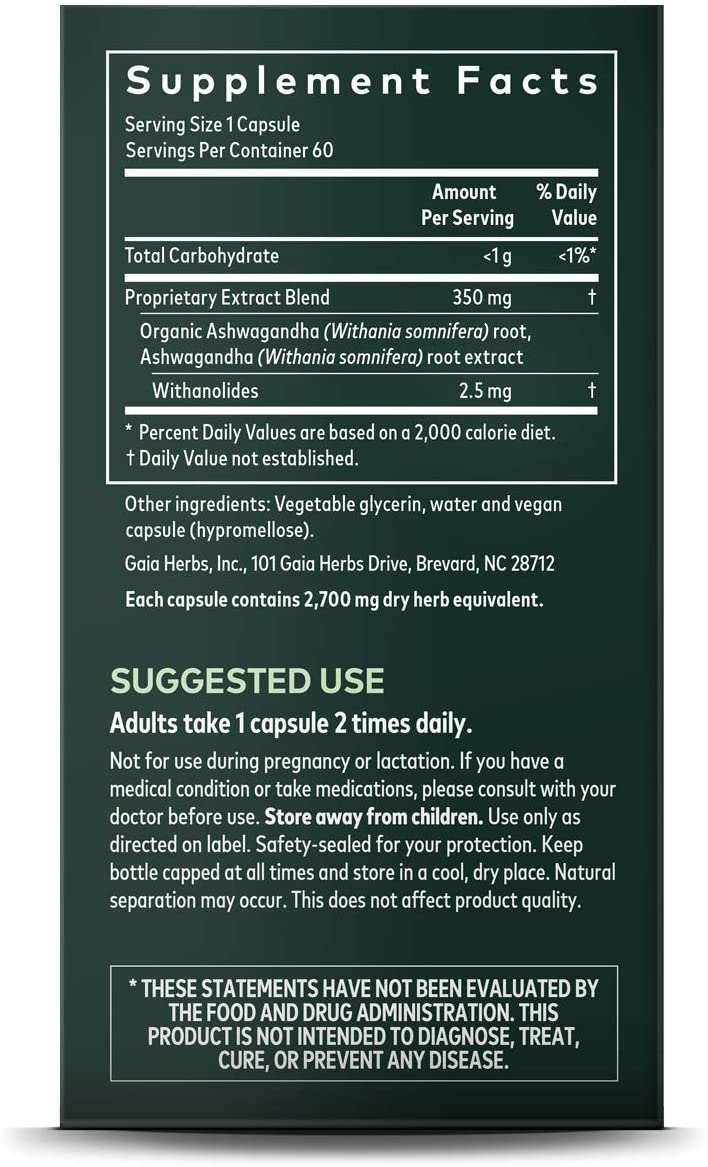Gaia Herbs Ashwagandha Root - Made with Organic Ashwagandha Root to Help Support a Healthy Response to Stress, the Immune System, and Restful Sleep - 60 Vegan Liquid Phyto-Capsules