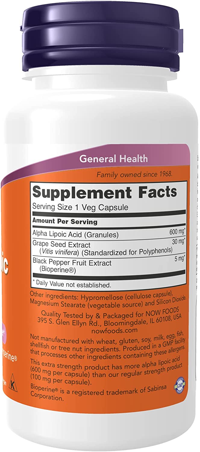 NOW Supplements, Alpha Lipoic Acid 600 mg with Grape Seed Extract &amp; Bioperine®, Extra Strength, 60 Veg Capsules