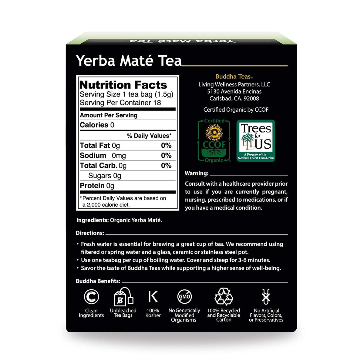 Buddha Teas Organic Yerba Mate Tea - OU Kosher, USDA Organic, CCOF Organic, 18 Bleach-Free Tea Bag
