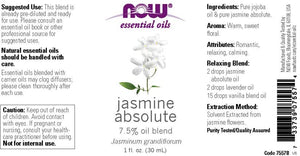 NOW Essential Oils, Jasmine Absolute Oil Blend, 7.5% Blend of Pure Jasmine Absolute Oil in Pure Jojoba Oil, Romantic Aromatherapy Scent, Vegan, Child Resistant Cap, 1-Ounce