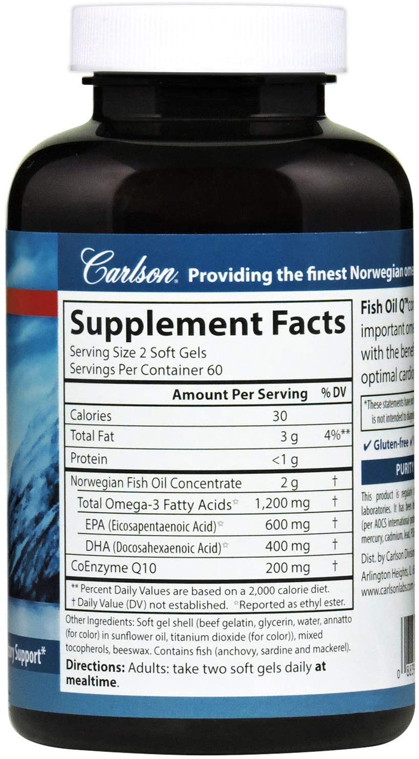 Carlson - Fish Oil Q, 1200 mg Omega-3s 200 mg CoQ10, Function, Energy Production & Circulatory Support, 120 Softgels