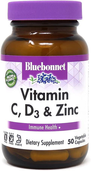 Bluebonnet Nutrition Vitamin C, D3 & Zinc, for Immune Health and Respiratory Function*, Soy-Free, Gluten-Free, Non-GMO, Kosher Certified, Dairy-Free, 50 Vegetable Capsules, 50 Servings