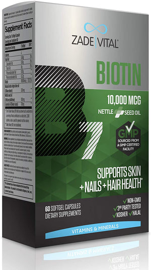 Zade Vital Biotin (Vitamin B7), Support Skin&Nail&Hair Health, Dietary Supplement, Enriched with 100% Cold Press Nettle Seed-Coconut Oil, 10,000 MCG 60 Softgels, Non GMO, Kosher, GMP, 2 Months Supply