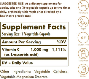 Solgar Vitamin C 1000 mg, 100 Vegetable Capsules - Antioxidant & Immune Support - Overall Health - Healthy Skin & Joints - Bioflavonoids Supple