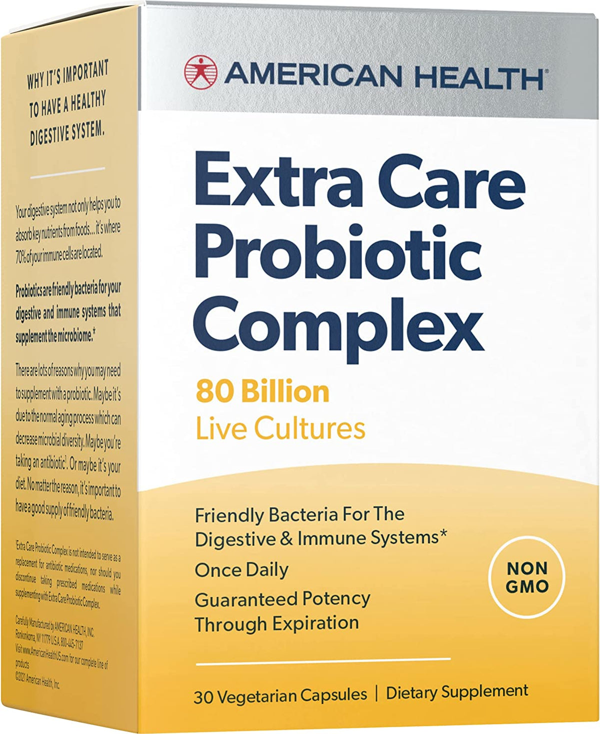 American Health Extra Care Probiotic Complex, 80 Billion Microorganisms - Beneficial Bacteria for The Digestive &amp; Immune Systems* - Non-GMO, Vegetarian - 30 Capsules, 30 Total Servings