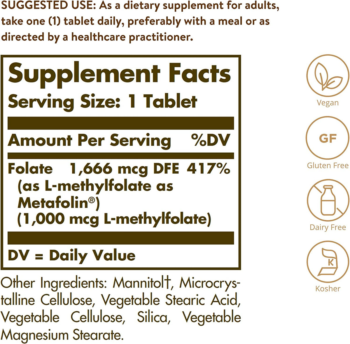 Solgar Folate 1000 mcg, 60 Tablets - 1000 mcg Bio-active Metafolin - Heart Health - Vegan, Gluten Free, Dairy Free, Kosher - 60 Servings