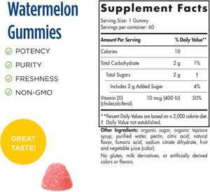 Nordic Naturals Vitamin D3 Gummies Kids, Wild Watermelon Splash - 60 Gummies - 400 IU Vitamin D3 - Bone Health, Healthy Immunity - Non-GMO, Vegetarian - 60 Servings