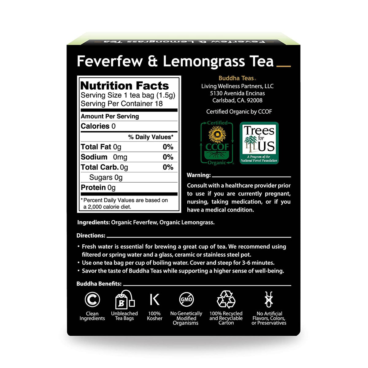 Buddha Teas Organic Feverfew &amp; Lemongrass Tea - OU Kosher, USDA Organic, CCOF Organic, 18 Bleach-Free Tea Bags