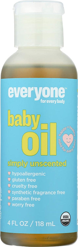 Everyone Certified Organic Unscented 100% Natural Baby Oil with Olive and Vitamin E for Soft Skin, 4 Oz Bottle