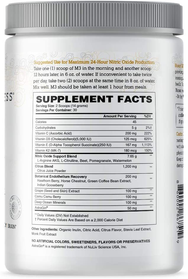 Bionox M3 Nitric Oxide Supplement Extra Strength Extended Release Formula, All Day Boost, Natural Citrus Flavor, Heart, Brain, Circulation, Doctor Made US Made, Arginine AKG, Citrulline &amp; More 30 Days