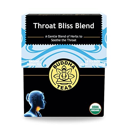 Buddha Teas - Organic Throat Bliss Blend - Herbal Tea - For Health &amp; Wellbeing - With Antioxidants &amp; Minerals - Clean Ingredients - Caffeine Free - OU Kosher &amp; Non-GMO - 18 Tea Bags