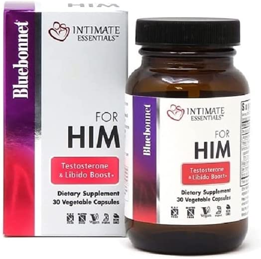 Bluebonnet Intimate Essentials for Him Sexual Health, Testosterone &amp; Libido Boost with L-Arginine, Tribulus, Eurycoma, Shilajit, Saw Palmetto &amp; More - Non-GMO, Vegan, Gluten-Free - 30 Veggie Capsules