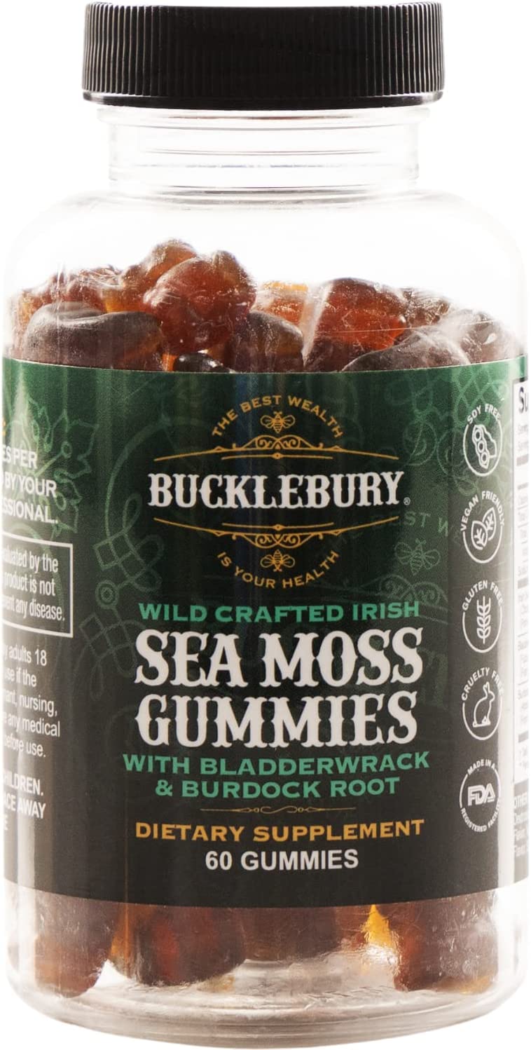 Wild Crafted Irish Sea Moss Gummies with Bladderwrack &amp; Burdock Root - Chewable Natural Multivitamin Vegan Gummies for Immune, Thyroid, Digestive, and Gut Support - 60 Gummies