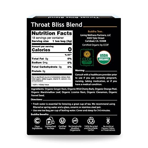 Buddha Teas - Organic Throat Bliss Blend - Herbal Tea - For Health &amp; Wellbeing - With Antioxidants &amp; Minerals - Clean Ingredients - Caffeine Free - OU Kosher &amp; Non-GMO - 18 Tea Bags