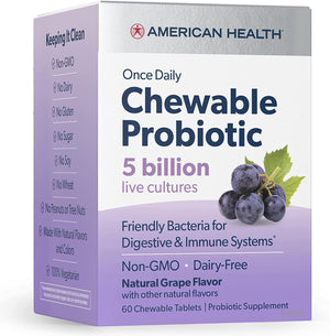 American Health Probiotic Chewable, Grape - 5 Billion Live Cultures, Beneficial Bacteria for The Digestive & Immune Systems, 60 Count
