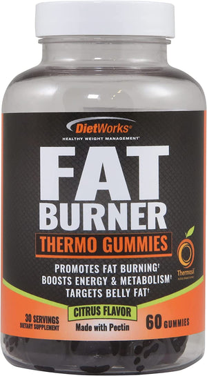 DietWorks Fat Burner Thermo Gummies, Promotes Fat Burning, Boosts Energy and Metabolism, Citrus Flavor, Black and Orange, 60 Count (N12397)