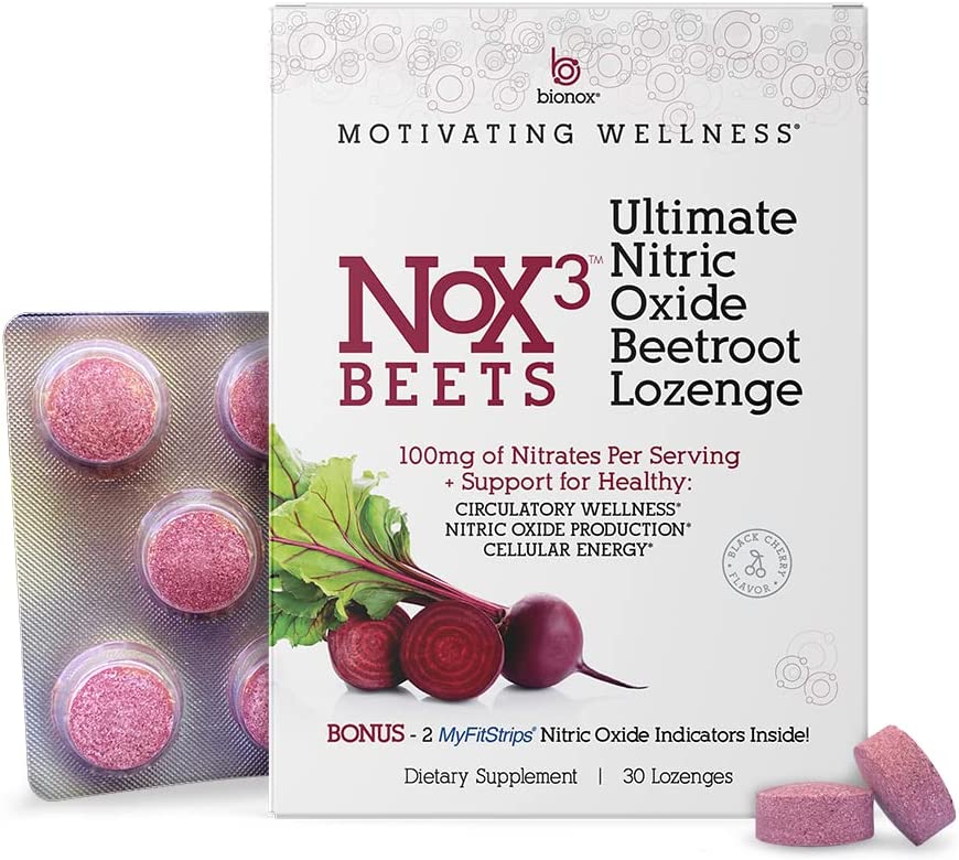 Bionox Nox3 Organic Beetroot with Nitric Oxide Test Strips, Blood Pressure Support, Delicious Dark Cherry Flavor, Beet Superfood, 30 Days