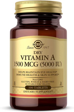 Solgar Dry Vitamin A 1500 mcg (5000 IU), 100 Tablets - Supports Healthy Eyes, Skin & Immune System - Non-GMO, Vegan, Gluten Free, Dairy Free, Kosher - 100 Servings