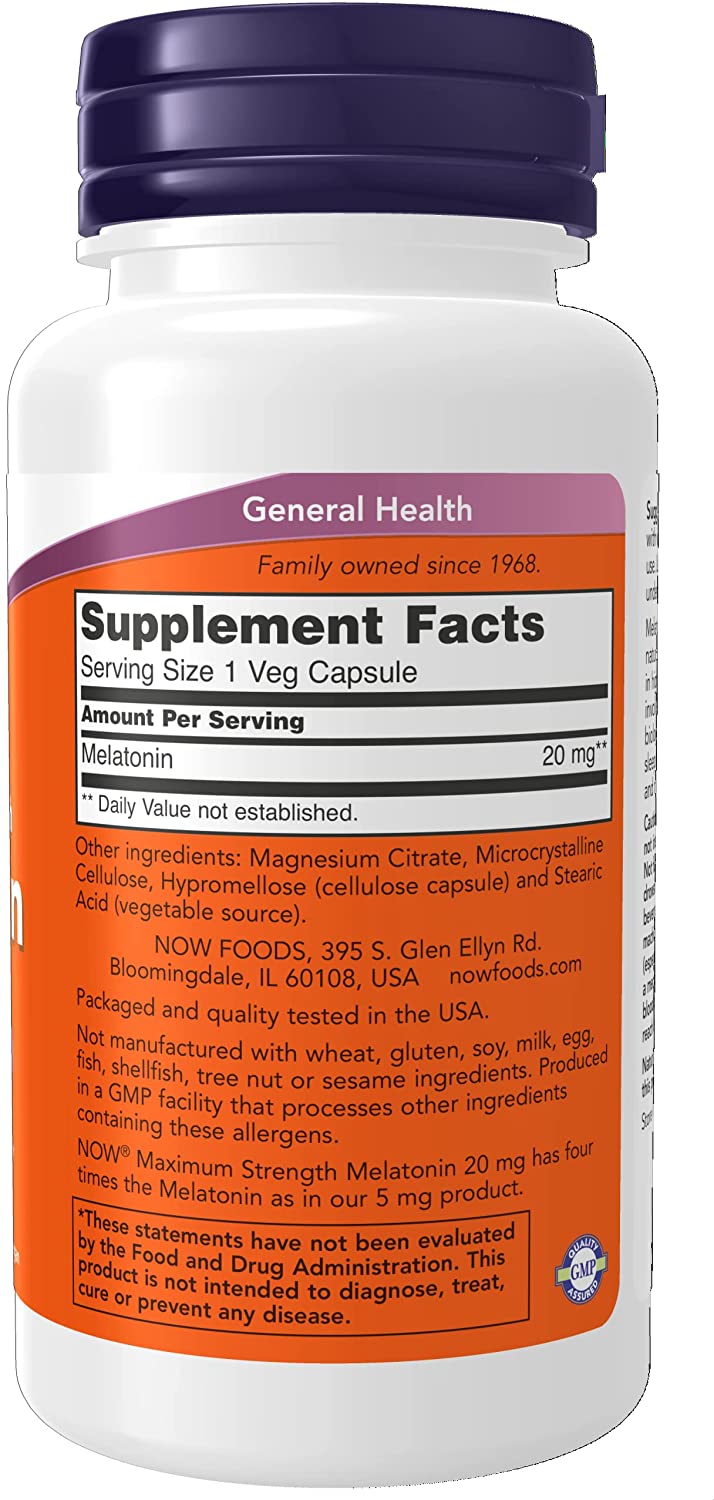 NOW Supplements, Maximum Strength Melatonin 20 mg, Healthy Sleep Cycle*, Free Radical Scavenger*, Gastrointestinal Support*, 90 Veg Capsules