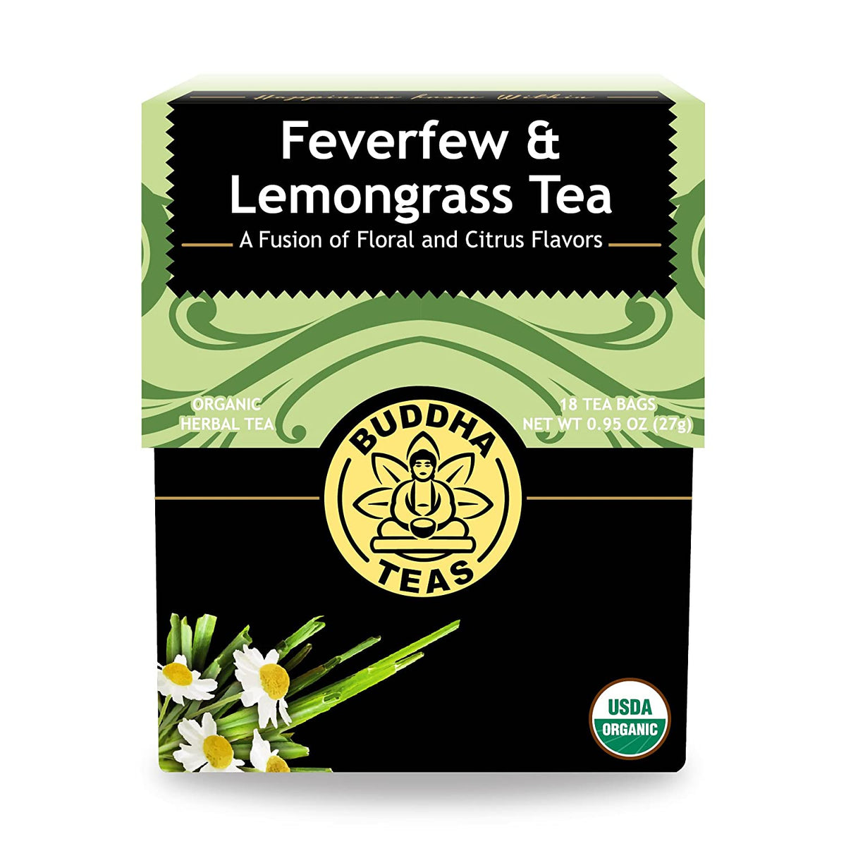 Buddha Teas Organic Feverfew &amp; Lemongrass Tea - OU Kosher, USDA Organic, CCOF Organic, 18 Bleach-Free Tea Bags