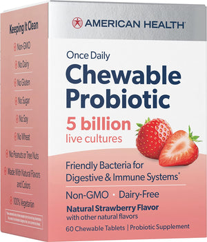 American Health Probiotic Chewable, Strawberry Tablet - 5 Billion Live Cultures, Beneficial Bacteria for The Digestive & Immune Systems, 60 Count
