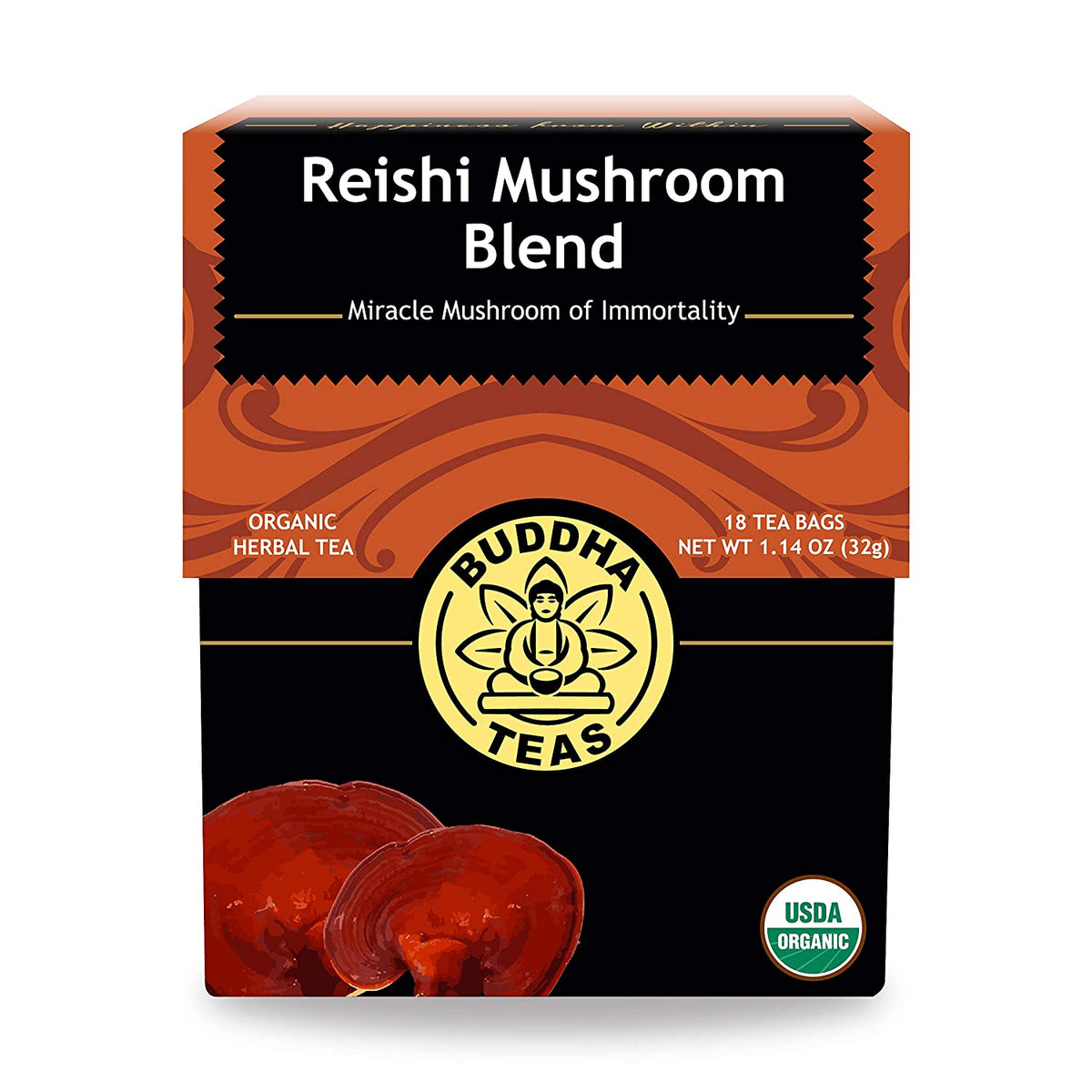 Buddha Teas - Organic Reishi Mushroom Blend - Herbal Tea - For Health &amp; Wellbeing - With Antioxidants &amp; Minerals - Clean Ingredients - Caffeine Free - OU Kosher &amp; Non-GMO - 18 Tea Bags