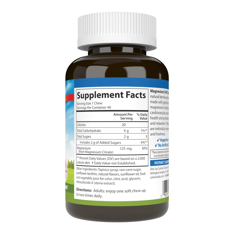 Carlson Magnesium Soft Chews 125 mg Highly Absorbable Muscle Relaxation & Overall Health - Berries & Creme Flavor - 40 Vegetarian Soft Chews