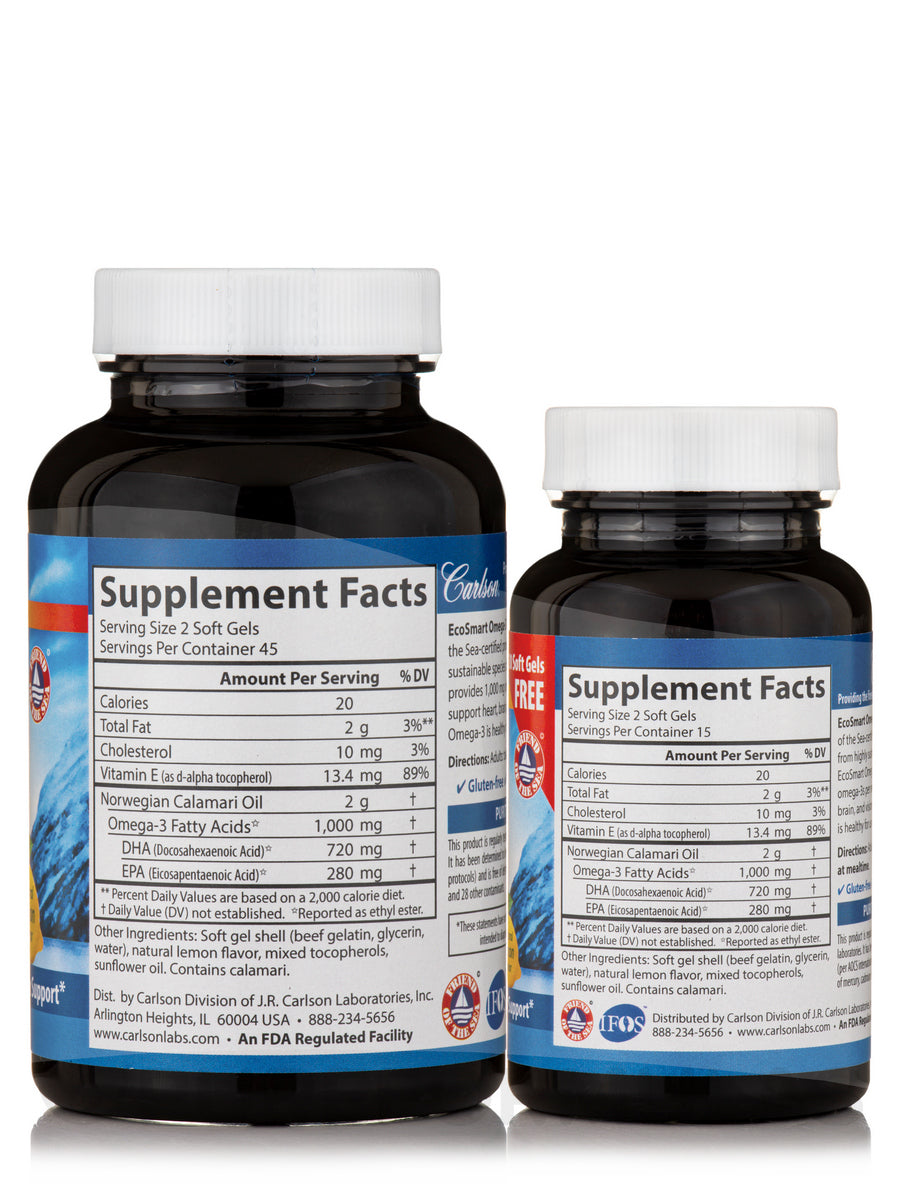 Carlson - EcoSmart Omega-3, 1000 mg Omega-3s Sustainable Source, Heart Health, Brain Function &amp; Vision Support, Lemon, 90+30 soft gels