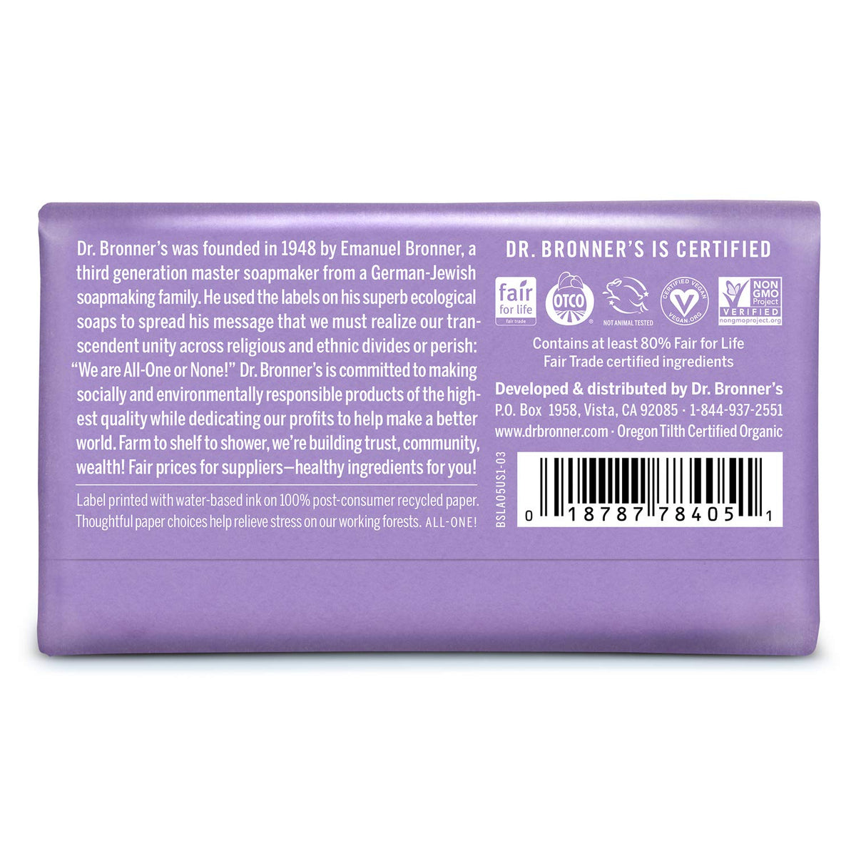 Dr. Bronner&#39;s - Pure-Castile Bar Soap (Lavender, 5 ounce) - Made with Organic Oils, For Face, Body and Hair, Gentle and Moisturizing, Biodegradable, Vegan, Cruelty-free, Non-GMO
