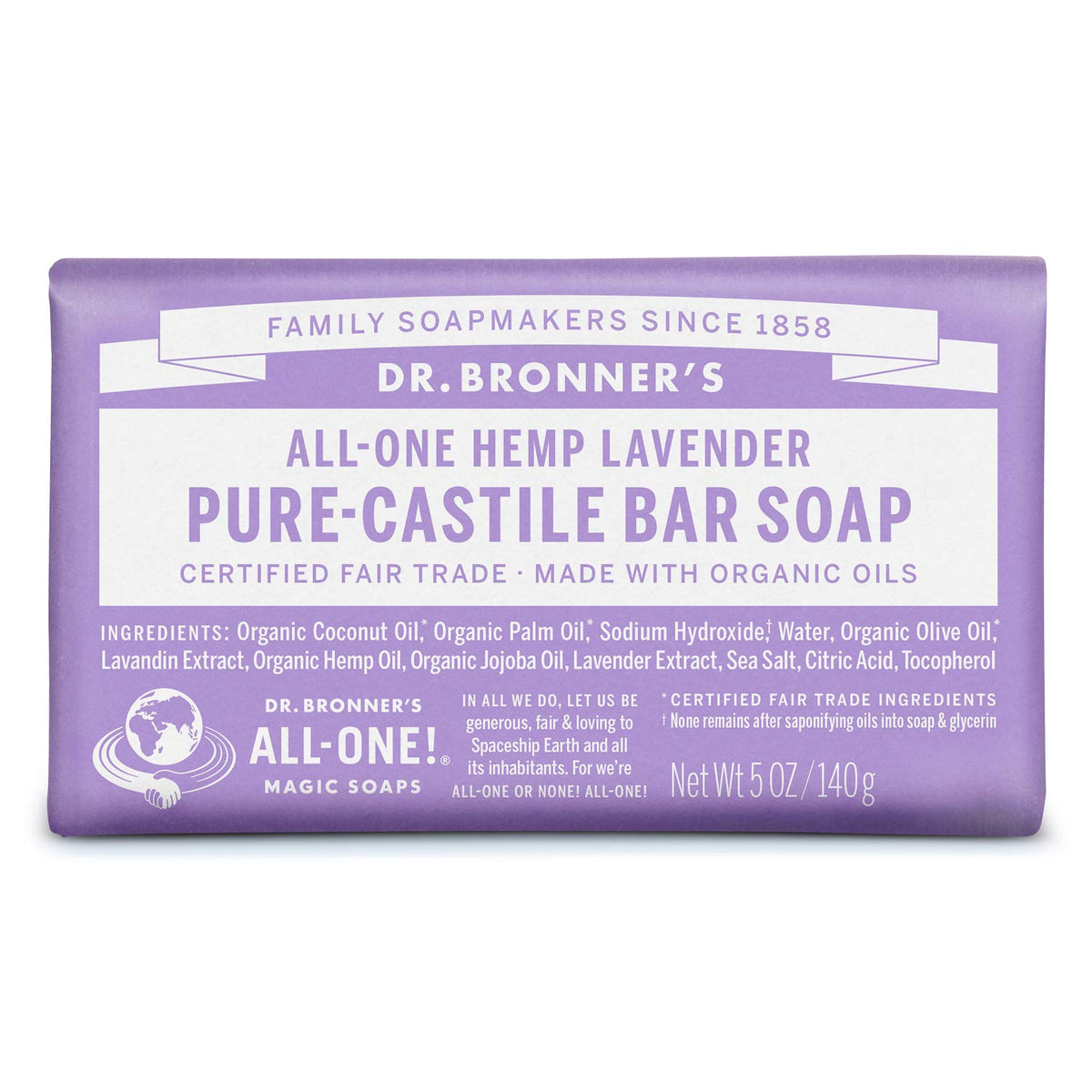 Dr. Bronner&#39;s - Pure-Castile Bar Soap (Lavender, 5 ounce) - Made with Organic Oils, For Face, Body and Hair, Gentle and Moisturizing, Biodegradable, Vegan, Cruelty-free, Non-GMO