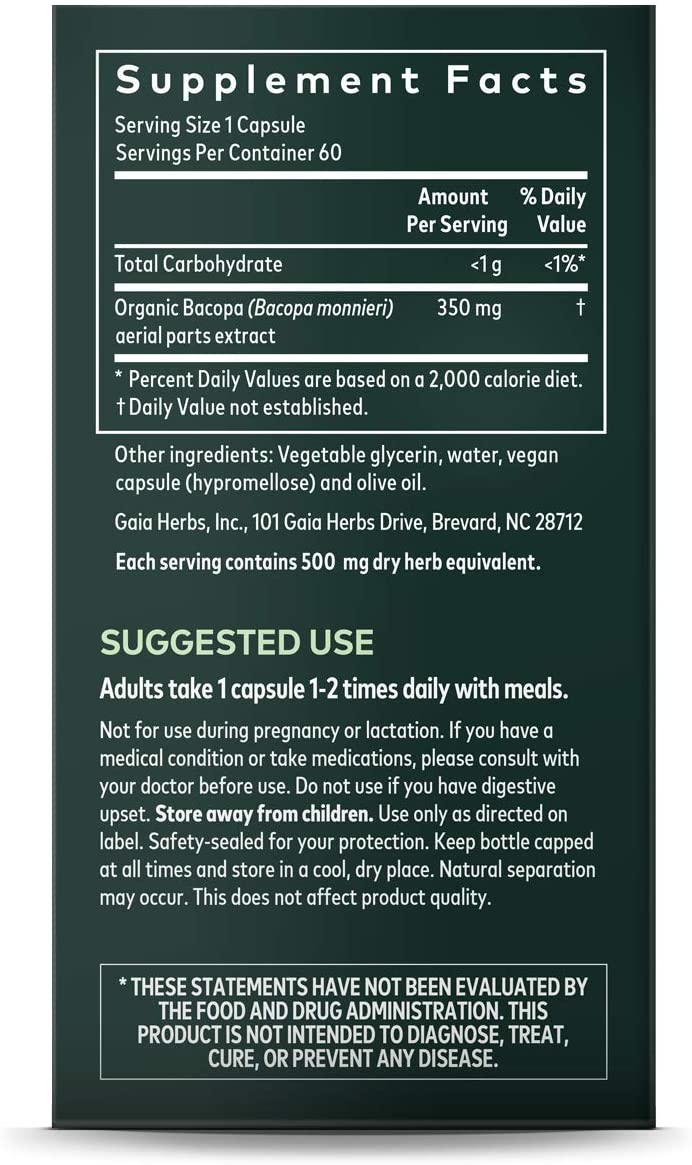 Gaia Herbs Bacopa - Brain and Cognitive Support Herbal Supplement - Made with Bacopa (Bacopa Monnieri) to Help Support a Thriving Mind - 60 Vegan Liquid Phyto-Capsules