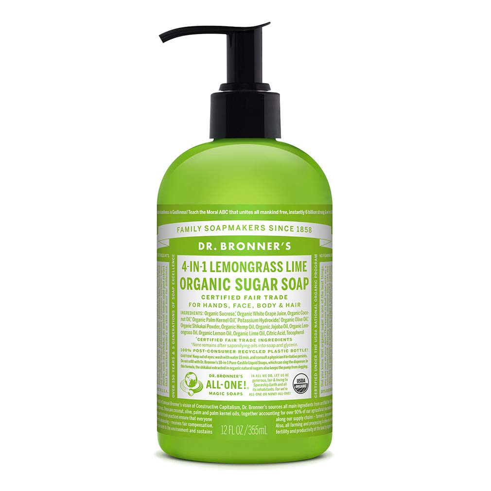 Dr. Bronner&#39;s - Organic Sugar Soap (Lemongrass, 12 Ounce) - Made with Organic Oils, Sugar and Shikakai Powder, 4-in-1 Use: Hands, Body, Face and Hair, Cleanses, Moisturizes and Nourishes, Vegan