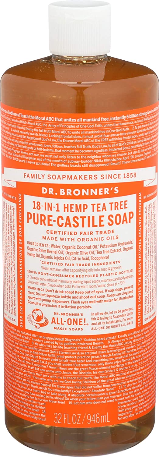 Dr. Bronner&#39;s - Pure-Castile Liquid Soap (Tea Tree, 32 ounce) - Made with Organic Oils, 18-in-1 Uses: Acne-Prone Skin, Dandruff, Laundry, Pets and Dishes, Concentrated, Vegan, Non-GMO