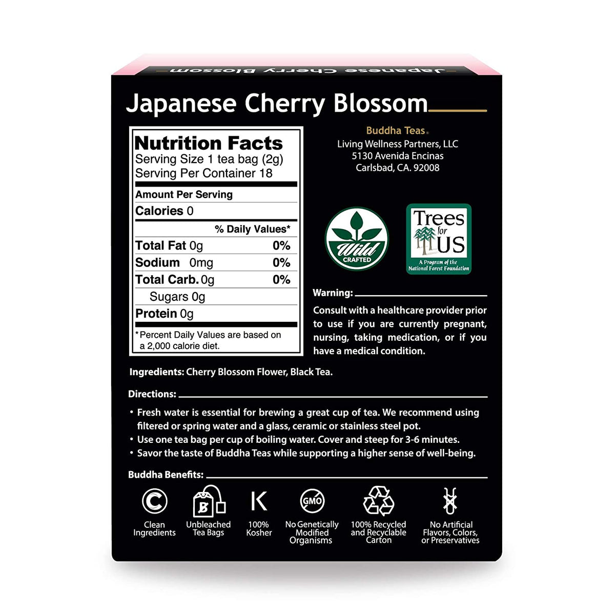 Buddha Teas Japanese Cherry Blossom Tea - OU Kosher, 18 Bleach-Free Tea Bags