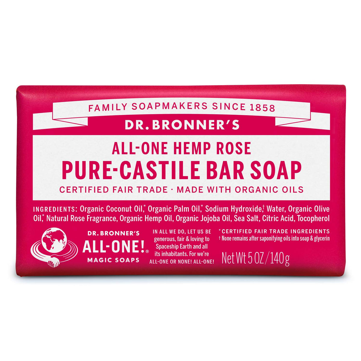 Dr. Bronner&#39;s - Pure-Castile Bar Soap (Rose, 5 ounce) - Made with Organic Oils, For Face, Body and Hair, Gentle and Moisturizing, Biodegradable, Vegan, Cruelty-free, Non-GMO
