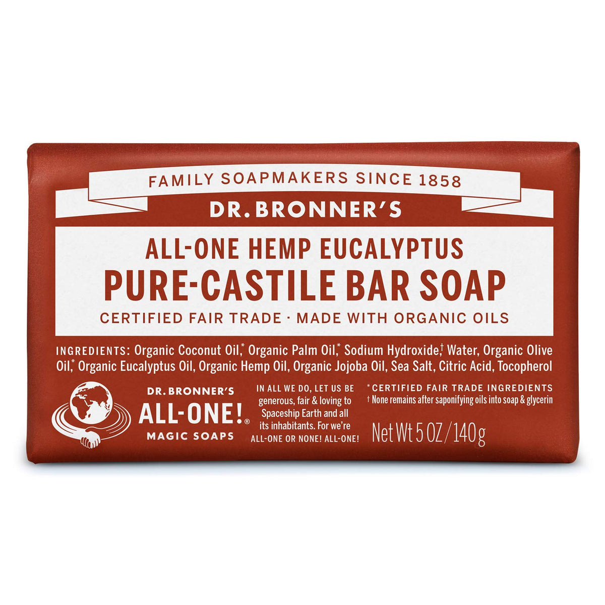 Dr. Bronner&#39;s - Pure-Castile Bar Soap (Eucalyptus, 5 ounce) - Made with Organic Oils, For Face, Body and Hair, Gentle and Moisturizing, Biodegradable, Vegan, Cruelty-free, Non-GMO
