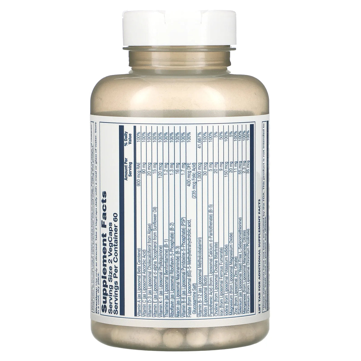 SOLARAY Liposomal Multivitamin for Men &amp; Women, High Potency, Enhanced Absorption Vitamin C, Vitamin D, Biotin, Methyl B-12, Odor Neutral &amp; Gentle Digestion, 30 Servings, 60 VegCaps