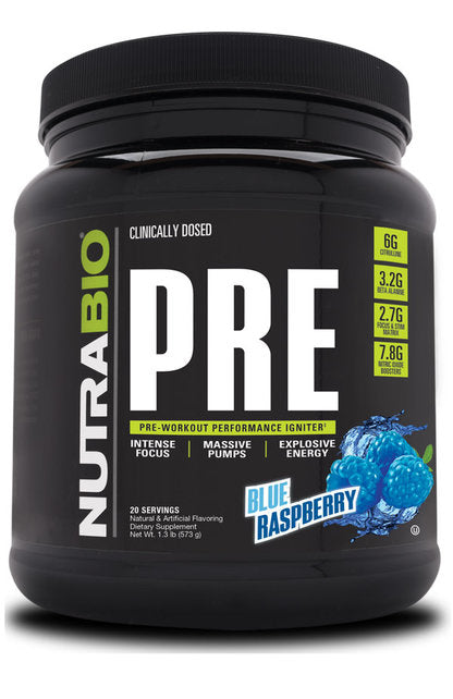 NutraBio PRE Workout Powder - New Formula- Sustained Energy, Mental Focus, Endurance - Beta Alanine, Caffeine, Electrolytes - 20 Servings - Blue Razz