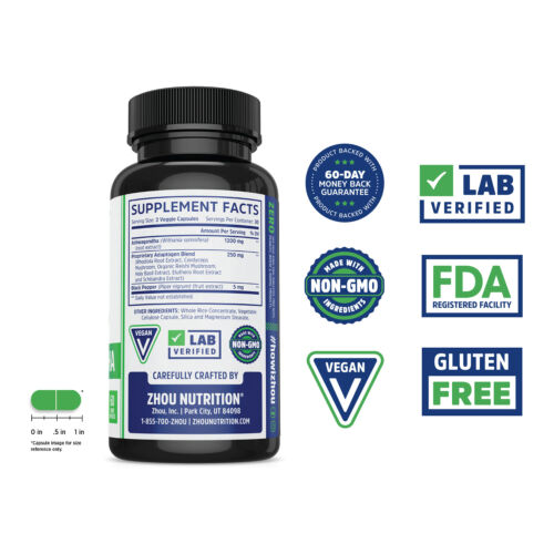 Zhou Ashwagandha - Ashwagandha and Rhodiola for Women &amp; Men, Adaptogen Ashwaganda Extract 1200 mg with Black Pepper, Adaptogenic Support Supplement for Calm, Mood, Sleep - 60 Vegan Capsules