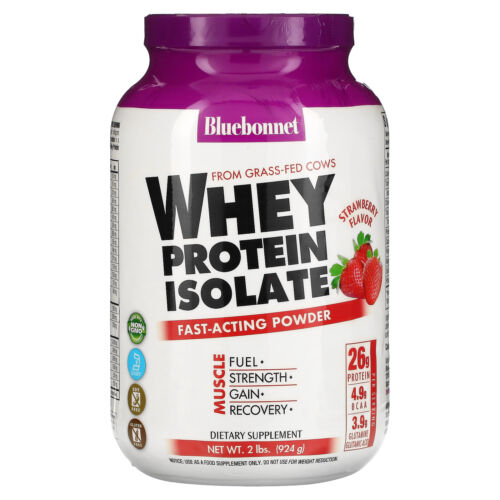 Bluebonnet Nutrition Whey Protein Isolate Powder, Whey From Grass Fed Cows, 26g of Protein, No Sugar Added, Non GMO, Gluten Free, Soy free, kosher Dairy, 2 Lbs, 28 Servings, Strawberry Flavor
