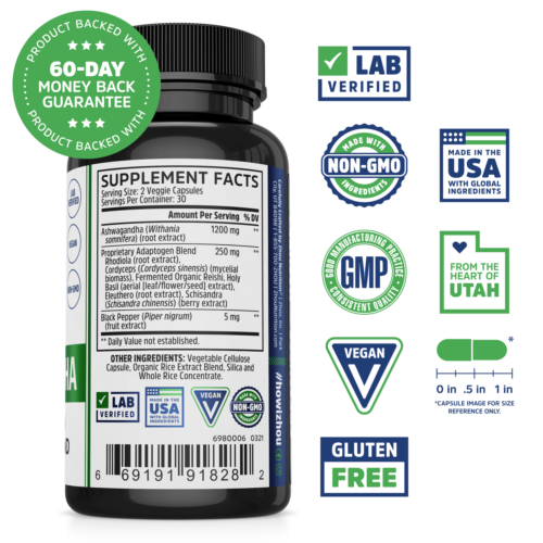 Zhou Ashwagandha - Ashwagandha and Rhodiola for Women &amp; Men, Adaptogen Ashwaganda Extract 1200 mg with Black Pepper, Adaptogenic Support Supplement for Calm, Mood, Sleep - 60 Vegan Capsules