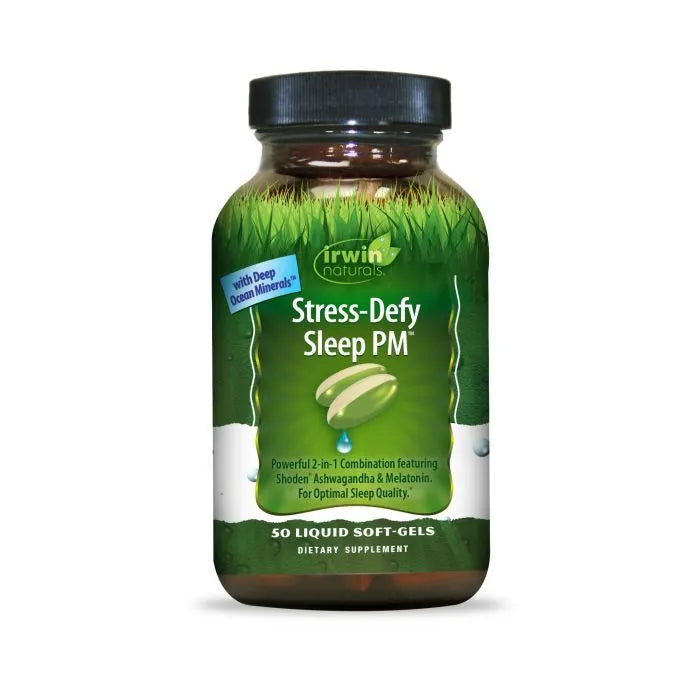 Irwin Naturals Stress-Defy Sleep PM - 50 Liquid Soft-Gels - Powerful 2-in-1 Combination with Ashwagandha &amp; Melatonin - 25 Servings
